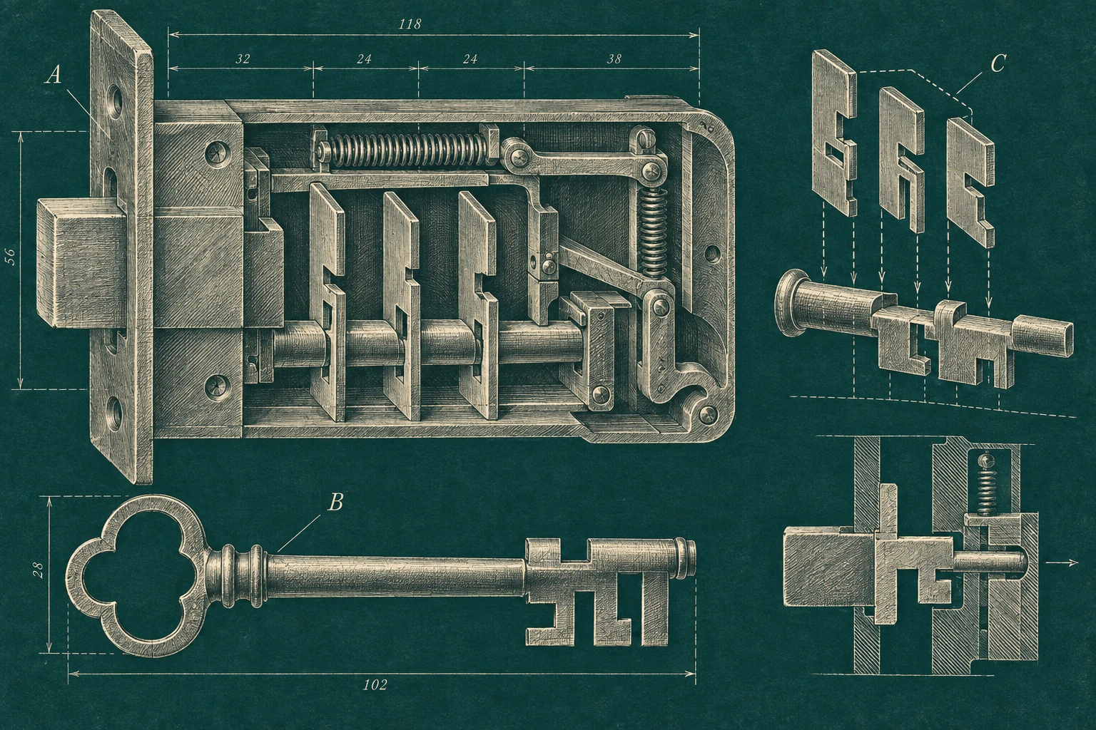 Engineering notebook study of a lock’s internal mechanism.